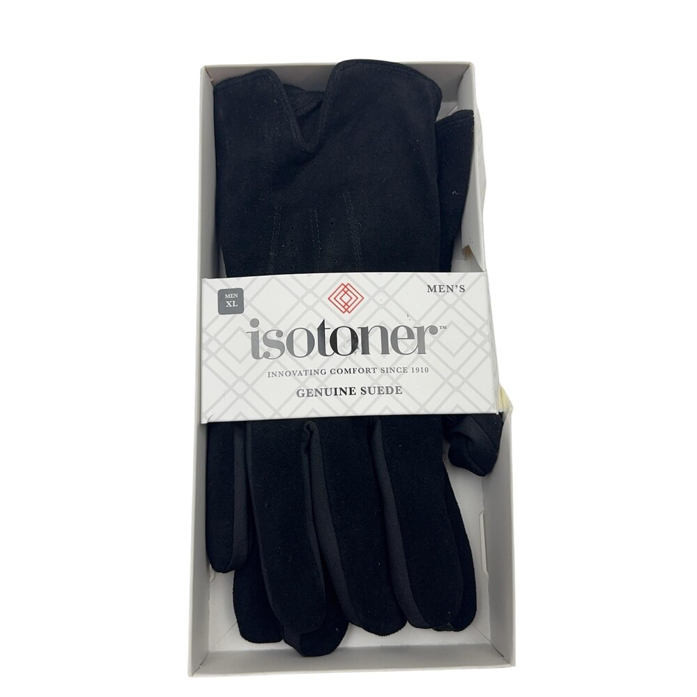 Isotoner Genuine Suede Gloves Mens XL Black SmarTouch 4-Way Stretch Touchscreen